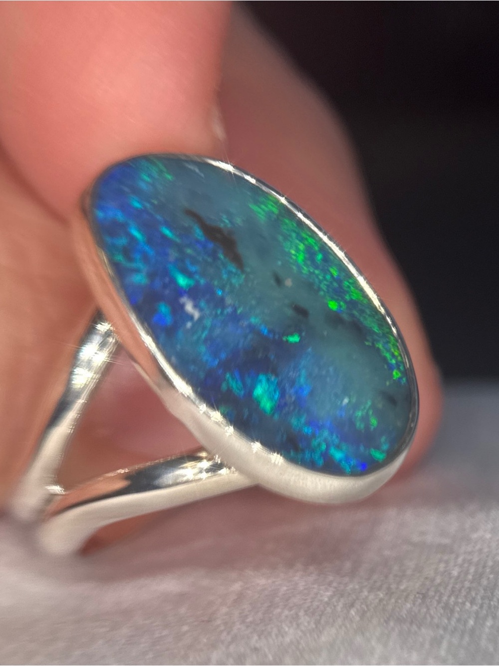 Sterling Silver Blue-Green Opal Oval Ring - Picture 3 of 12